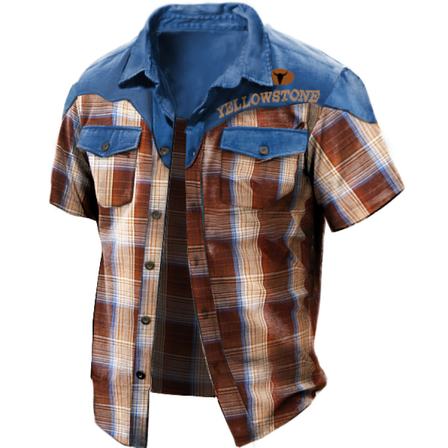 

Men's Vintage Plaid Yellowstone Workwear Short Sleeve Shirt Contrasting Color Multiple Pockets Tactical Shirt