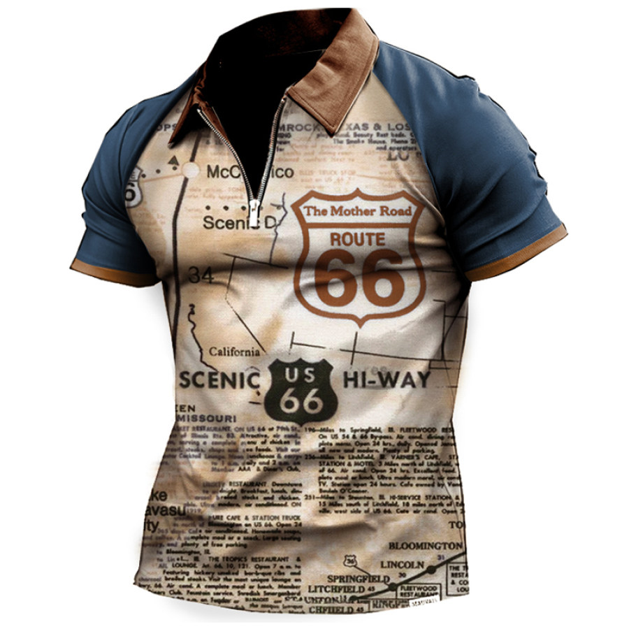 

Men's Plus Size Polo Shirt Vintage Route 66 Wash Print Zip Stand Collar Polo Top