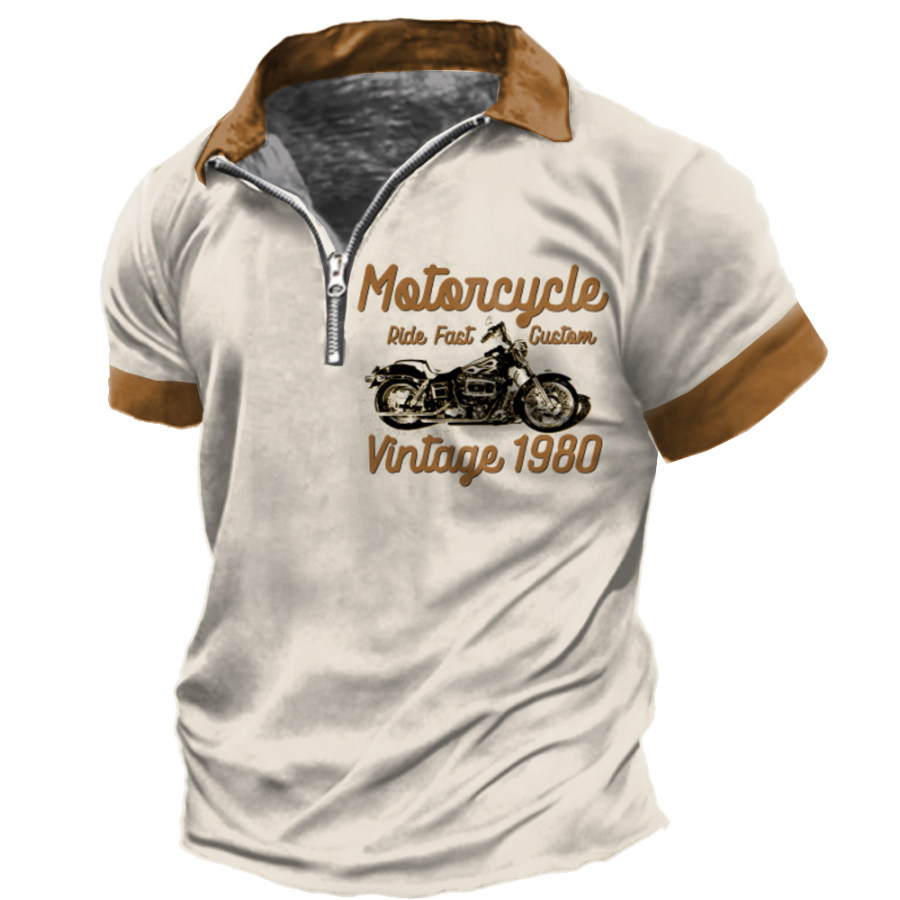 

Men's Vintage Motorcycle Print Zipper Lapel T-Shirt
