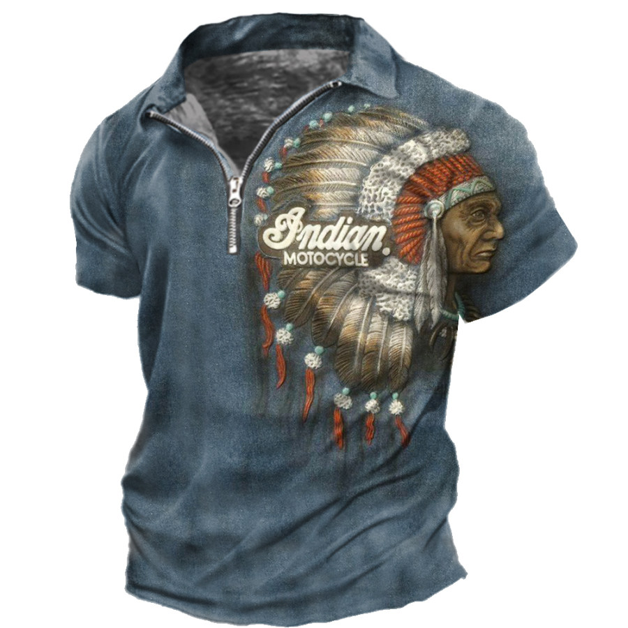 

Men's Vintage Indian Motorcycle Print Zipper Lapel T-Shirt