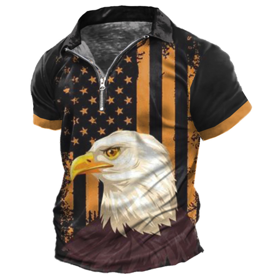 

Men's Vintage American Flag Eagle Print Zipper Lapel T-Shirt