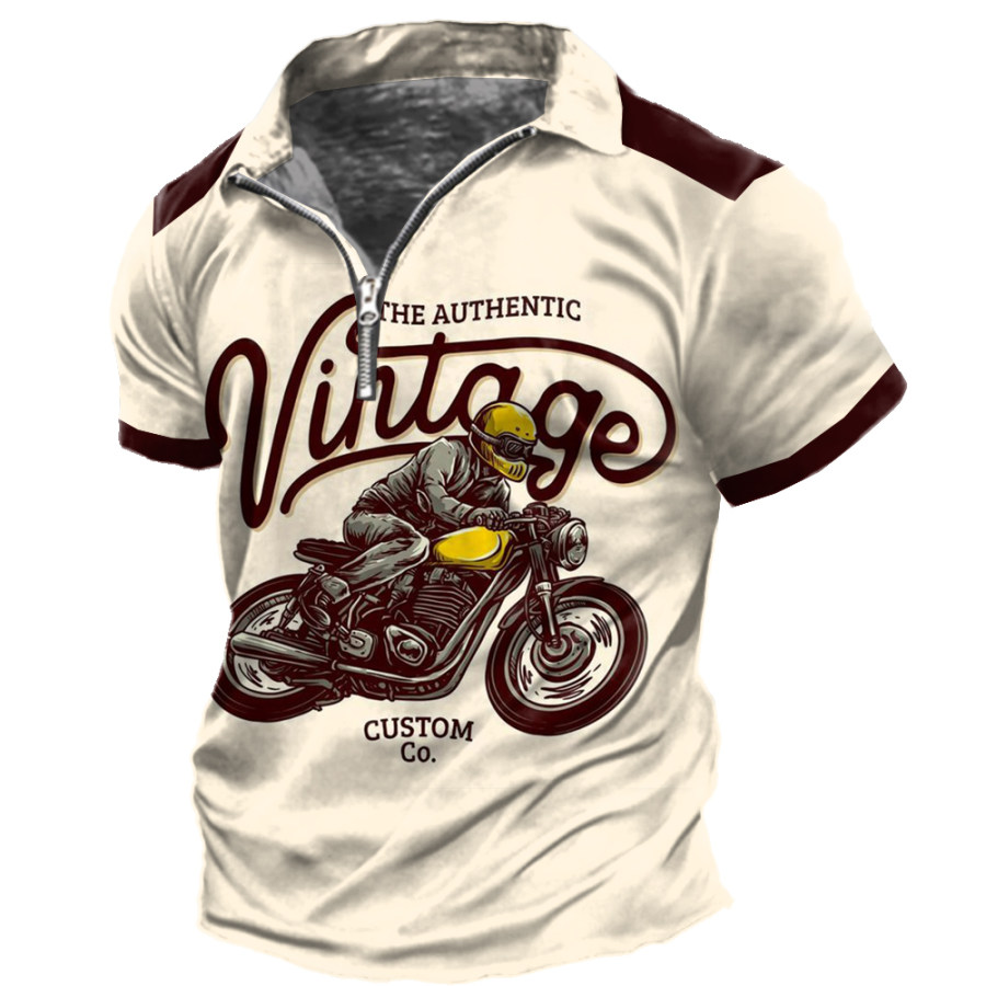 

Men's Vintage Motorcycle Print Zipper Lapel T-Shirt