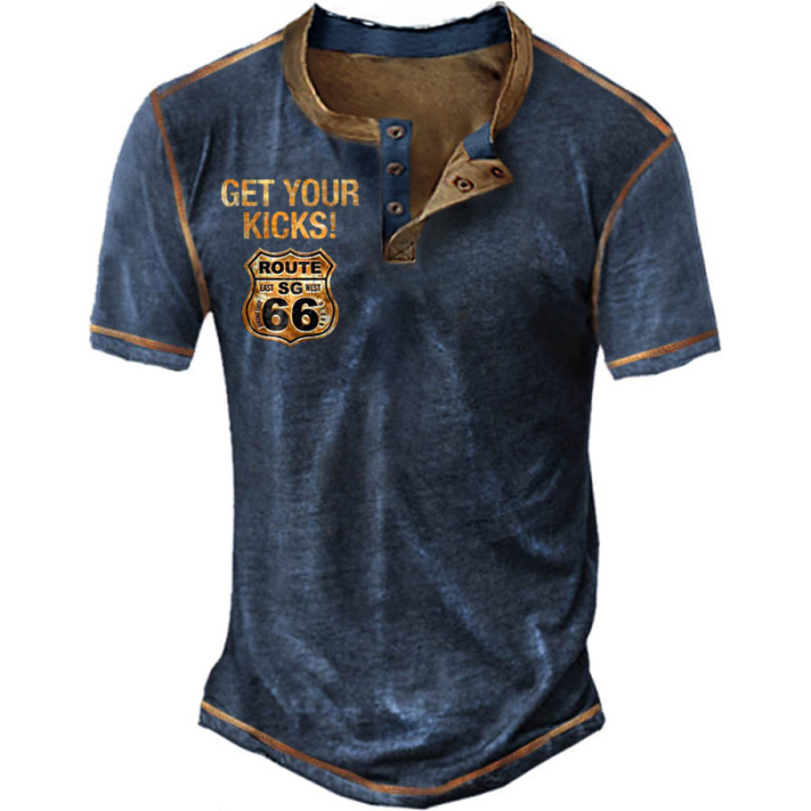 

Men's T-shirt Henley Short Sleeve Get Your Kicks Route 66 Vintage Contrast Summer Daily Tops Blue