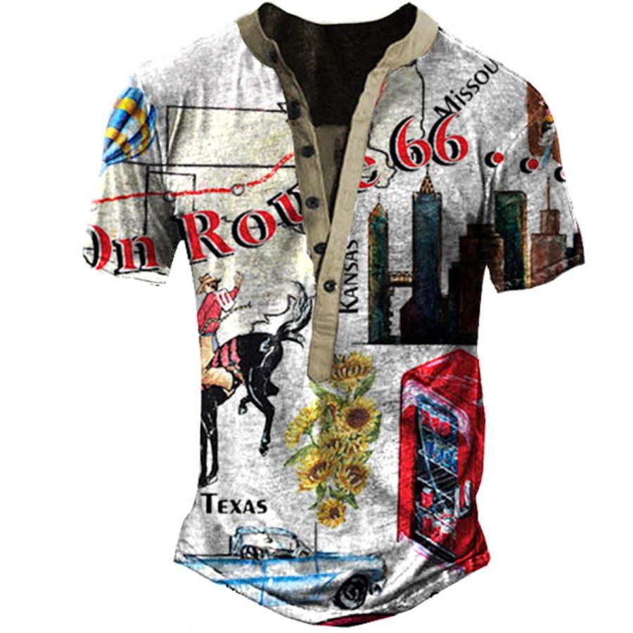 

Men's T-Shirt Henley Collar Vintage Route 66 Summer Daily Top White
