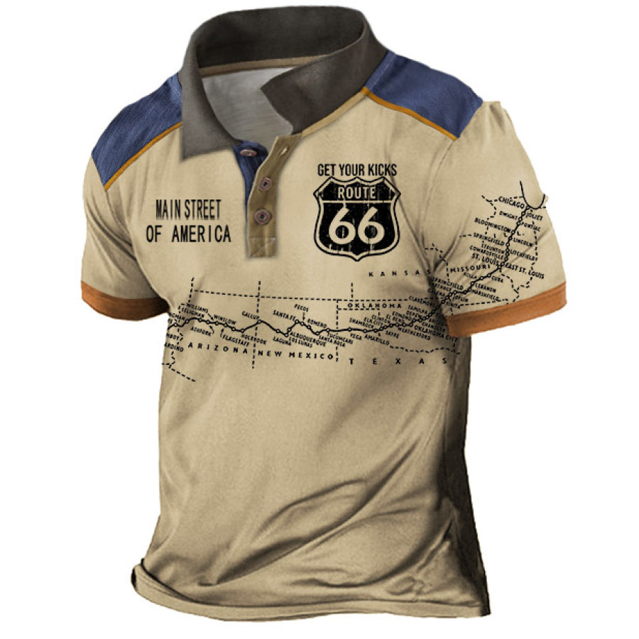 

Men's T-Shirt Polo Vintage Get Your Kicks Route 66 Map Color Block Summer Daily Top Khaki