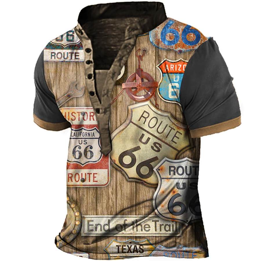 

Men's T-Shirt Henley Collar Vintage Route 66 Color Block Summer Daily Top Khaki