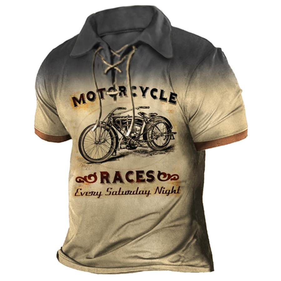 

Men's T-Shirt Lapel Short Sleeve Motorcycle Race Vintage Lace-Up Summer Daily Tops Khaki