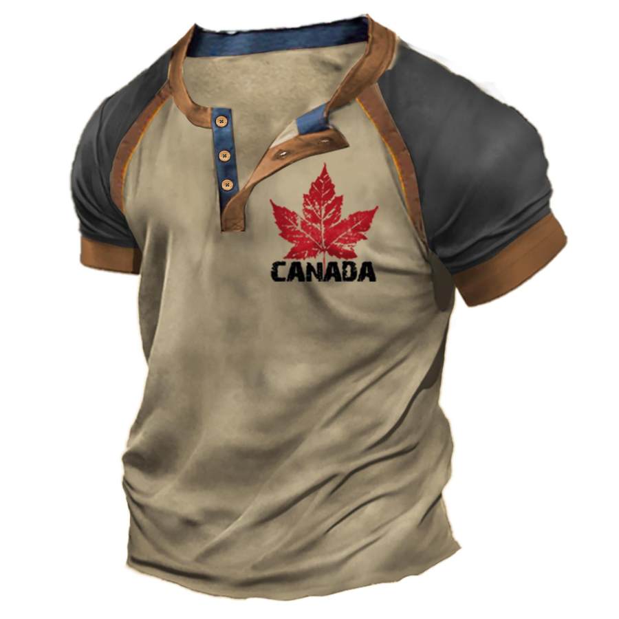 

Men's T-Shirt Henley Short Sleeve Canada Vintage Color Block Summer Daily Tops Khaki