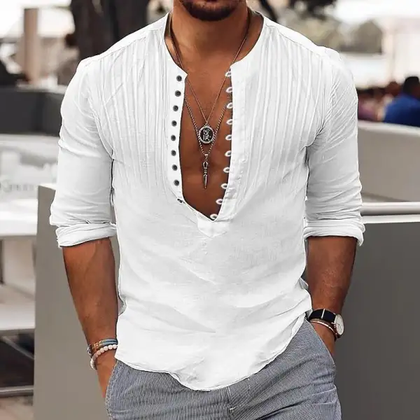 Men's Linen Shirt Henley Casual Outdoor Shirt Solid Button Stand Collar Pleated Long Sleeve Shirt - Fineyoyo.com 