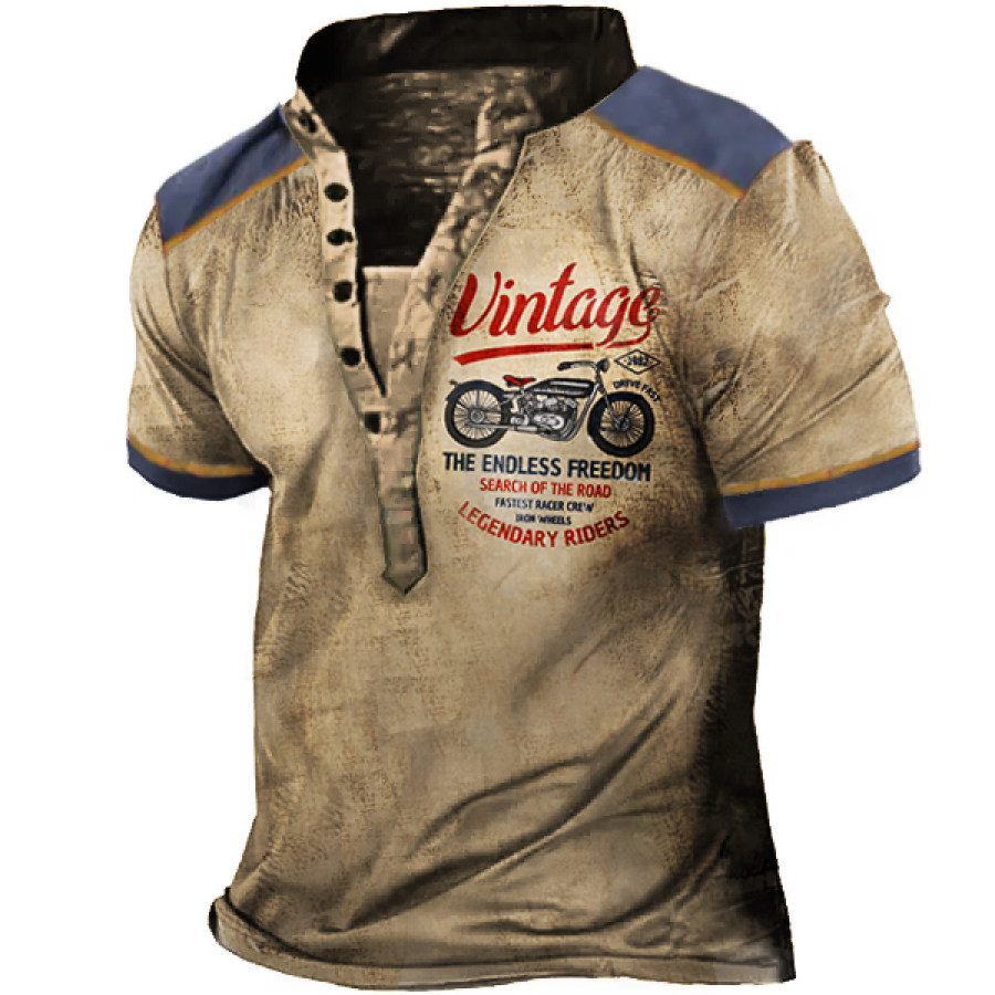 

Men's Plus Size Vintage Motorcycle Racing Distressed Wash Print Henley T-Shirt