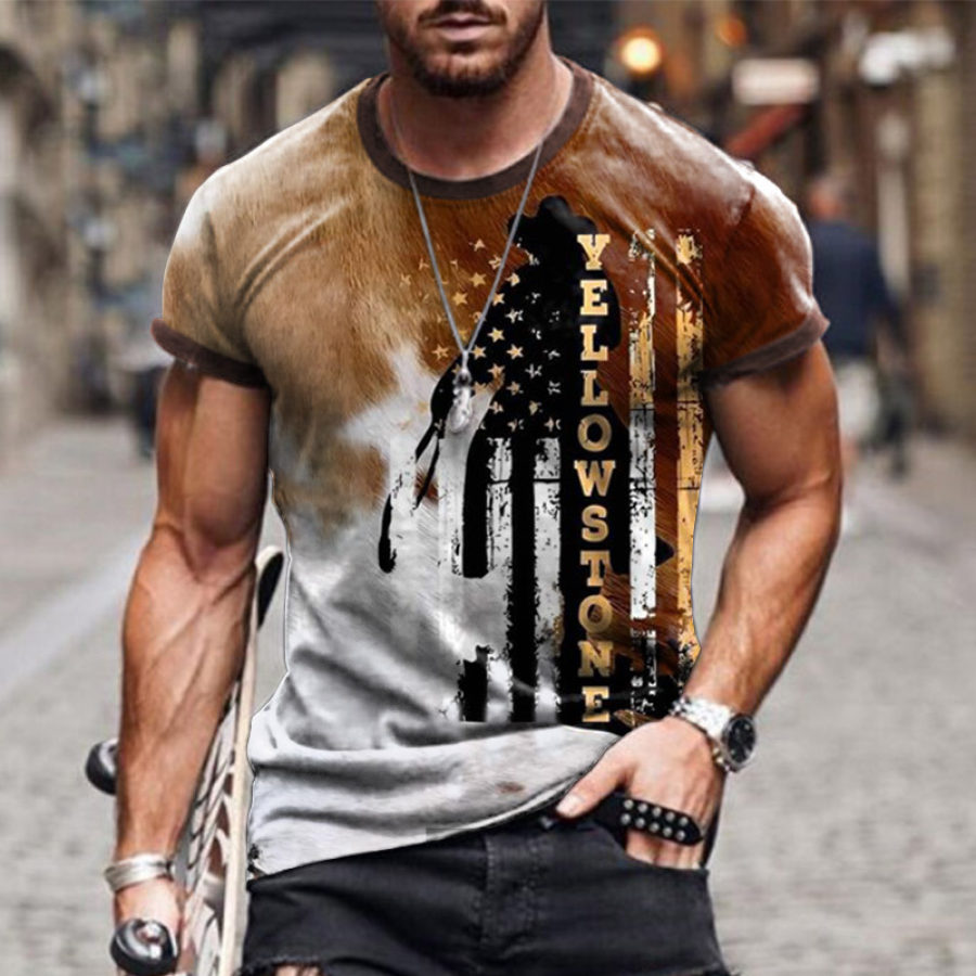 

Men's T-Shirt Vintage Yellowstone Cowboy American Flag Short Western Cowboy Sleeves Crew Neck Khaki