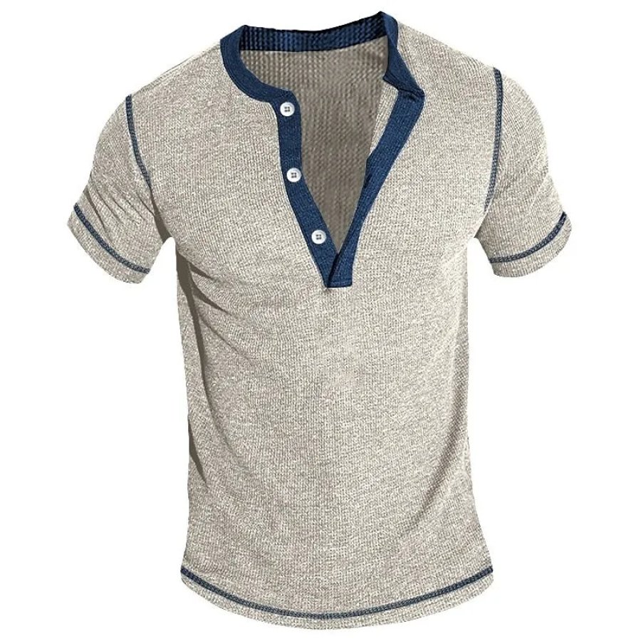 

Men's Henley T-Shirt Ribbed Rib Textured Fabric Solid Color Vacation Short Sleeve Basic Tee