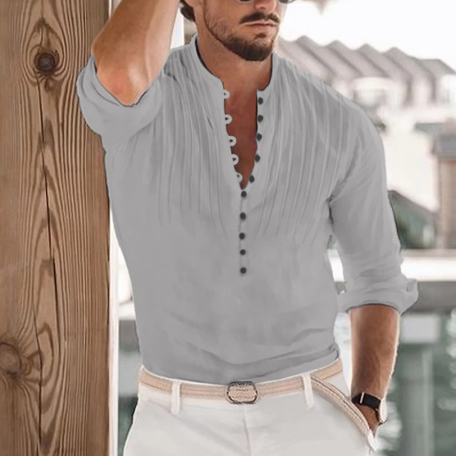 

Camicia Da Uomo Manica Lunga Cotone Lino Casual Henley Button Down Top Bianco Grigio Nero Navy Giallo Blu Rosa