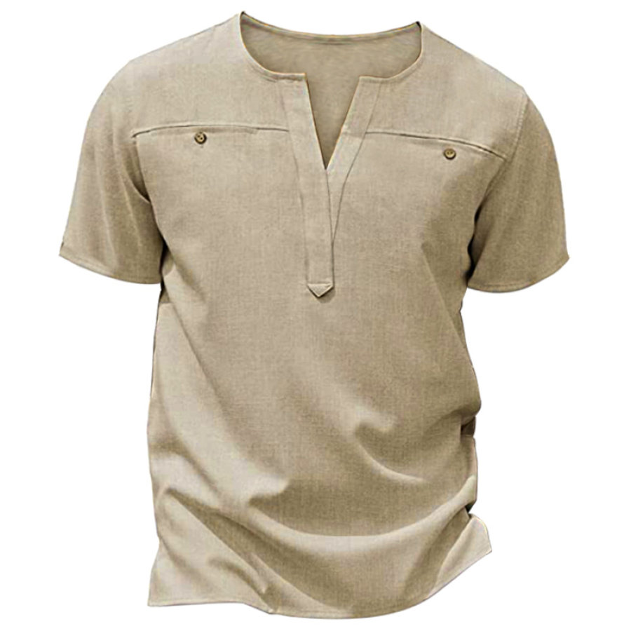 

Men's T-Shirts Linen Henley Shirt Short Sleeves Casual Hippie Tops Summer Beach T Shirts
