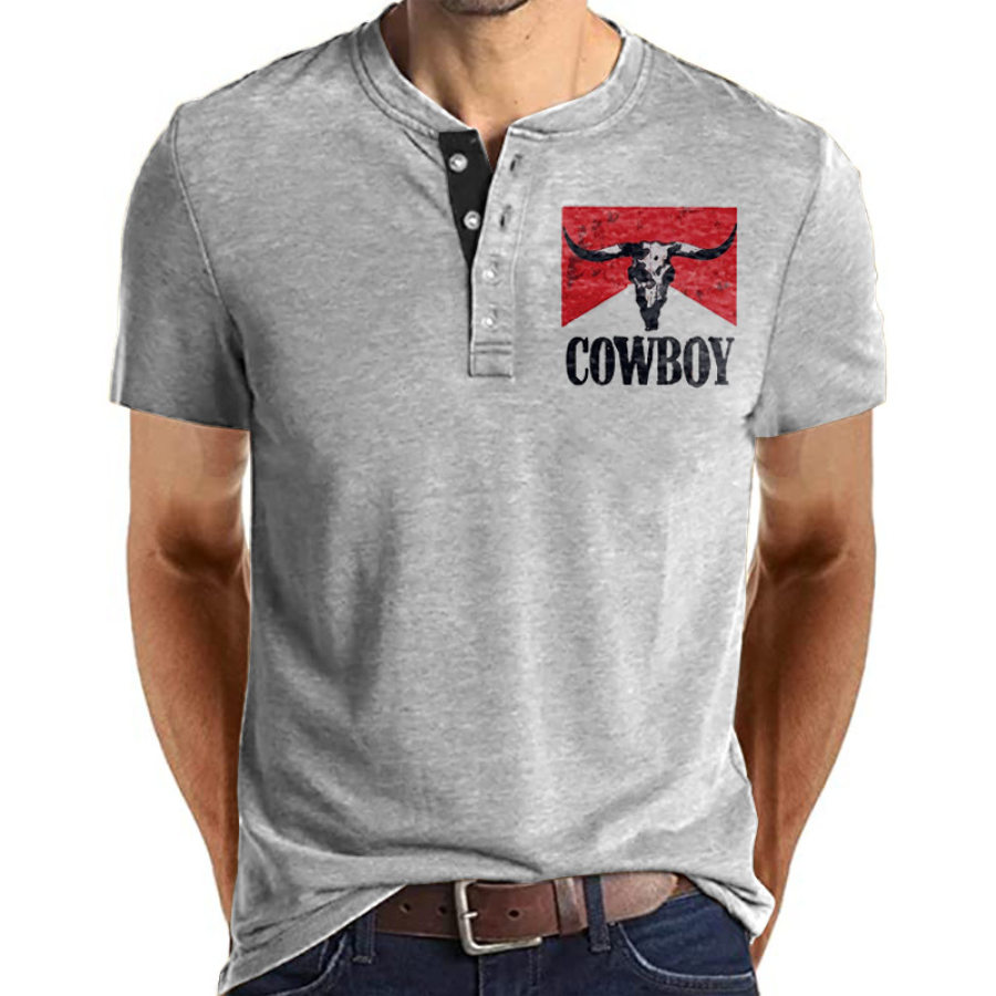 

Men's Henley T-Shirt Vintage Western Cowboy Print Graphic Summer Short Sleeve Crewneck Tee