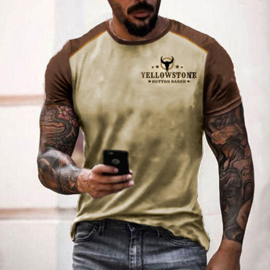 

Men's T-shirt Retro West Yellowstone Print Pattern Summer Short Sleeve Color Matching Round Neck Tee