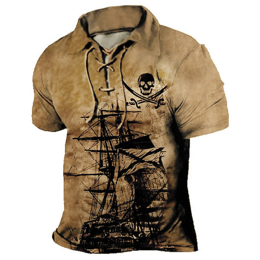 

Men's T-Shirt Vintage Nautical Sailboat Pirate Skull Lapel Short Sleeve Lace-Up Summer Daily Tops Khaki