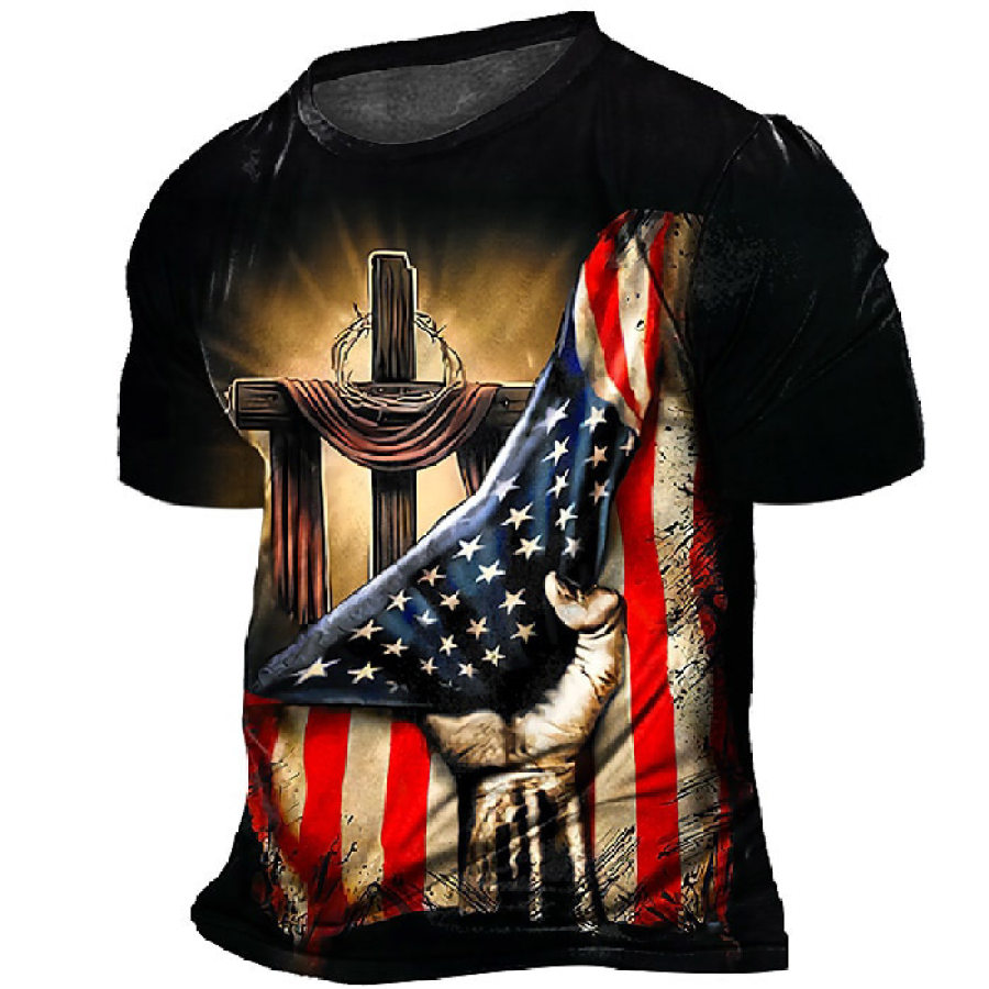

Men's T-Shirt Vintage American Flag Cross Plus Size Short Sleeve Round Neck Summer Daily Tops Black