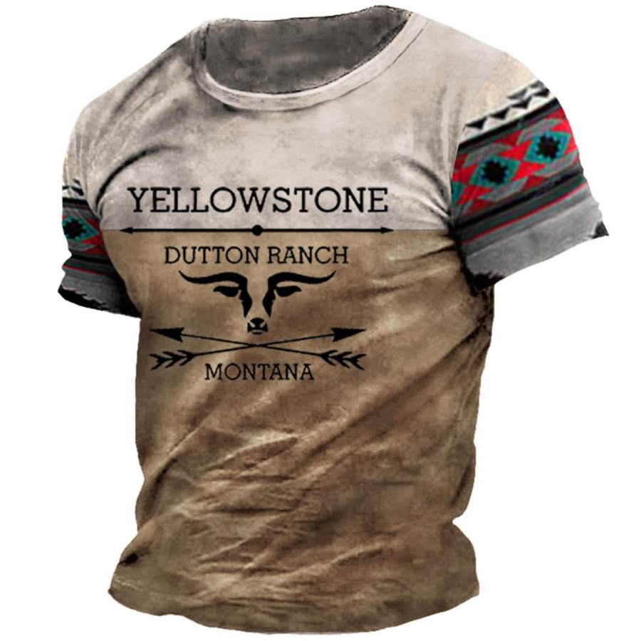 

Men's T-Shirt Vintage Western Yellowstone Aztec Plus Size Crewneck Short Sleeve Summer Daily Tops Khaki Navy Blue Green