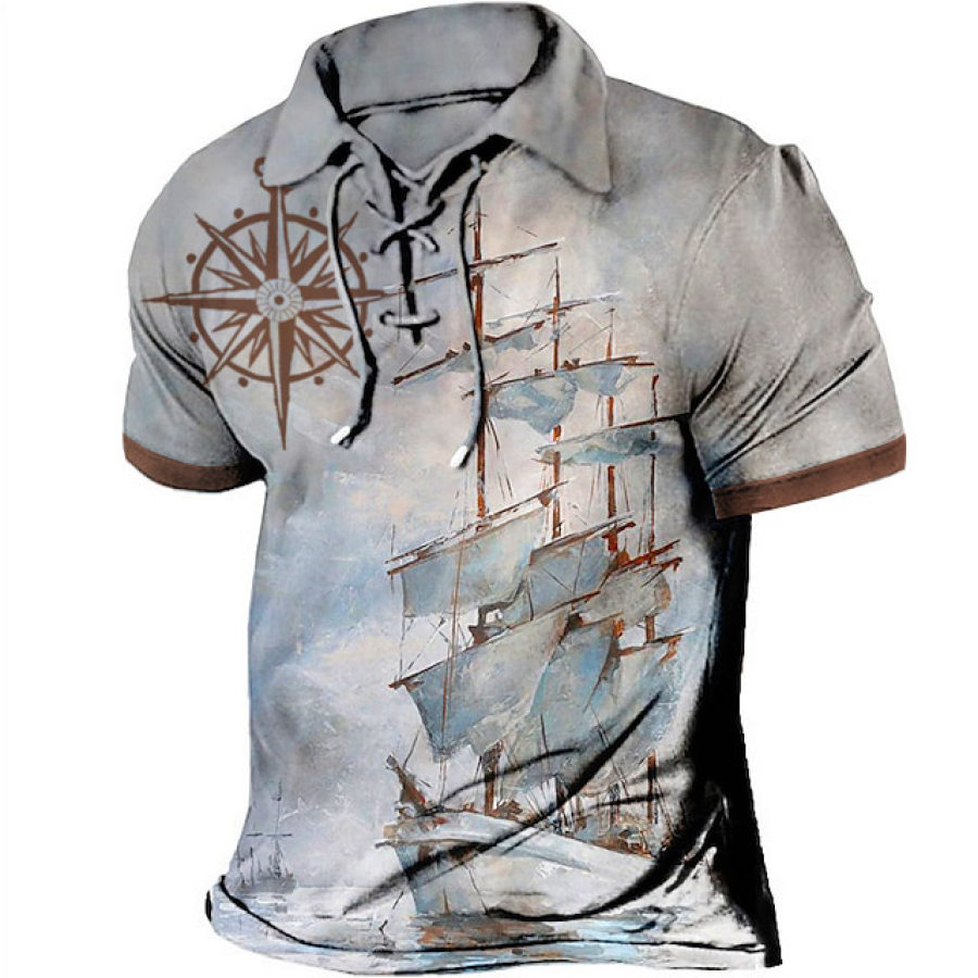 

Men's T-Shirt Vintage Nautical Compass Sailboat Contrast Lapel Short Sleeve Lace-Up Summer Daily Tops Light Gray