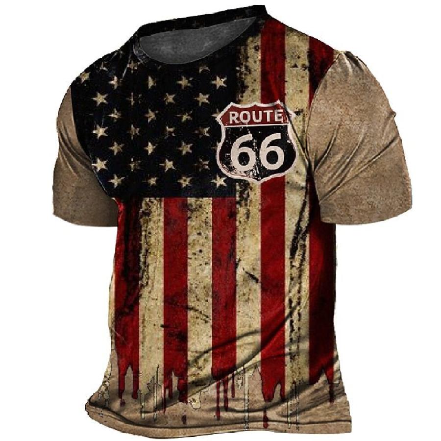 

Men's T-Shirt Vintage Route 66 American Flag Plus Size Short Sleeve Crewneck Summer Daily Tops Khaki