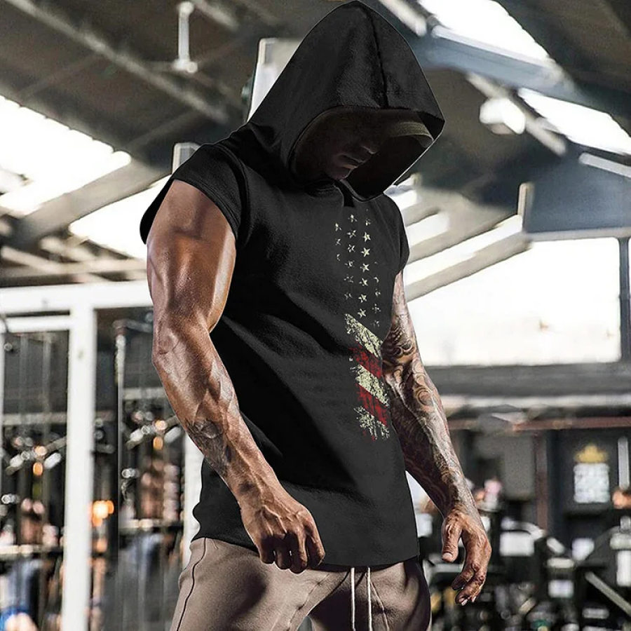 

Mens Workout Tank Tops American Flag With Hood Sleeveless Gym T-Shirt Muscles Tees Athletic Pockets Black Gray Sport Ves