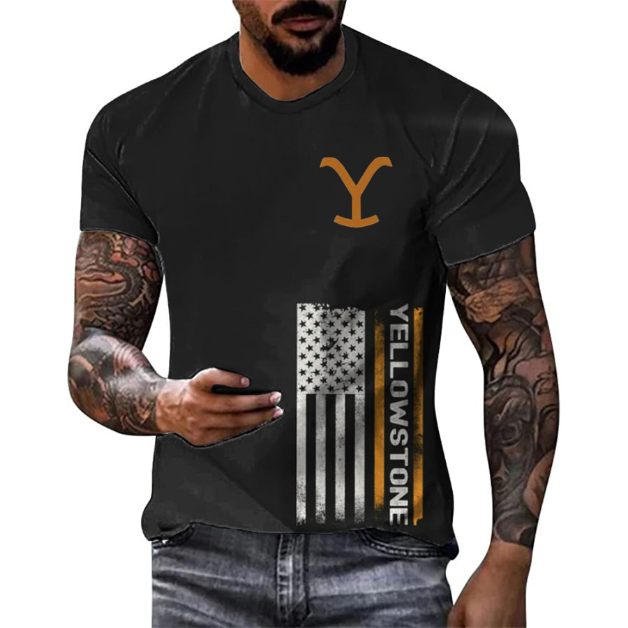 

Men's Vintage American Western Cowboy Yellowstone Print T-Shirt Casual Crew Neck T-Shirt