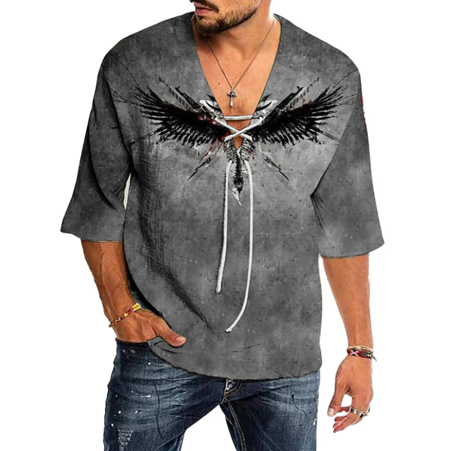 

Men's Vintage Eagle Print Tie V-Neck Casual Shirt