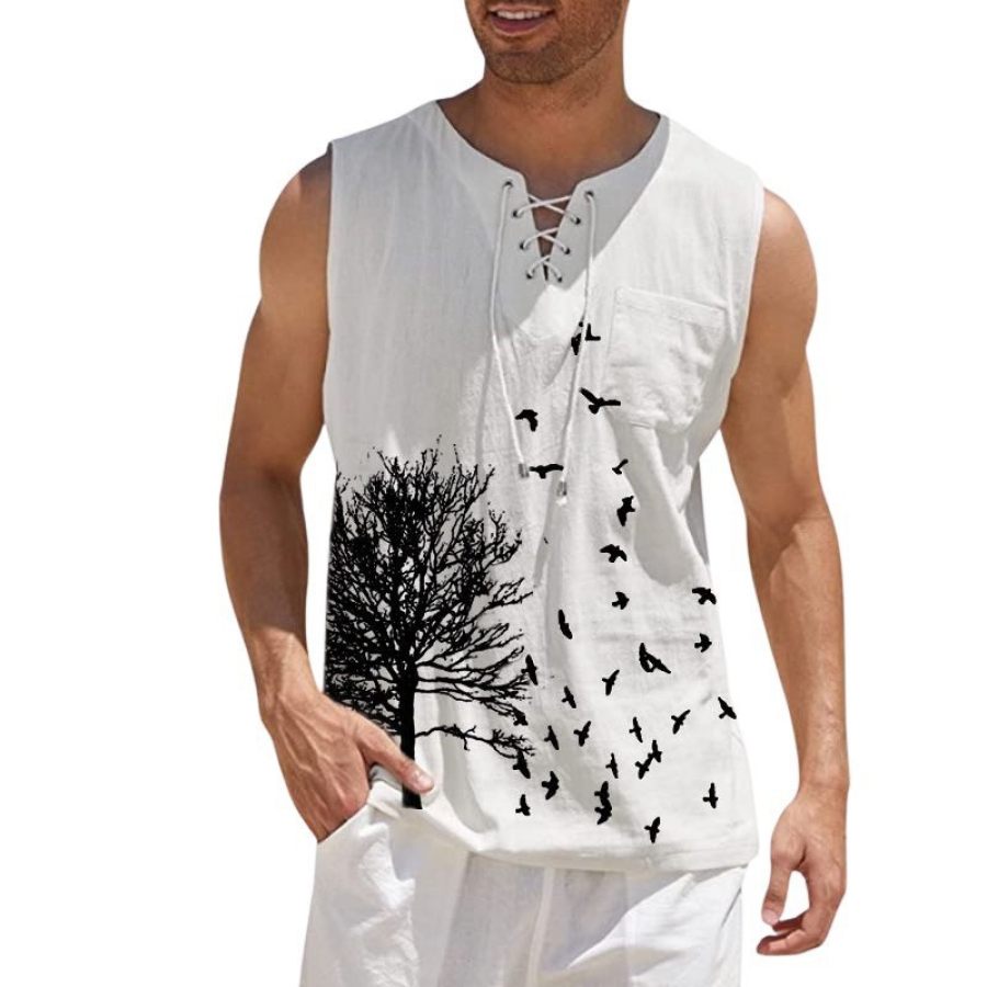 

Men's Retro Print Casual Tie V Neck Tank Top Shirt