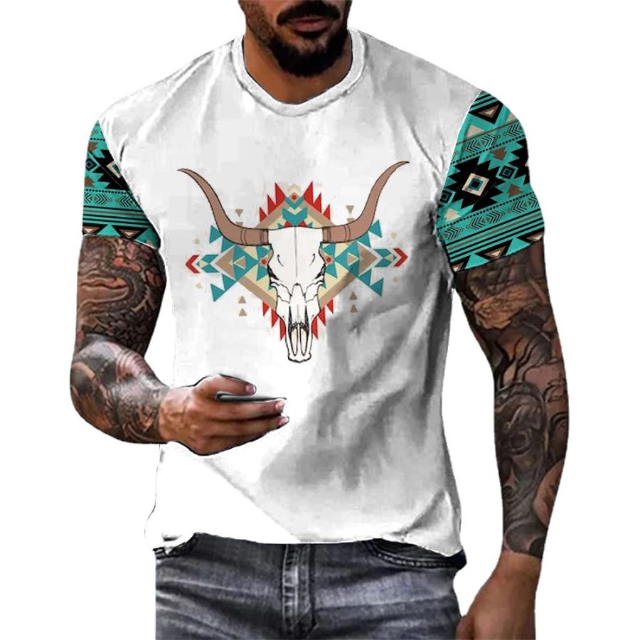 

Men's Vintage American Wild West Ethnic Print T-Shirt Casual Crew Neck T-Shirt