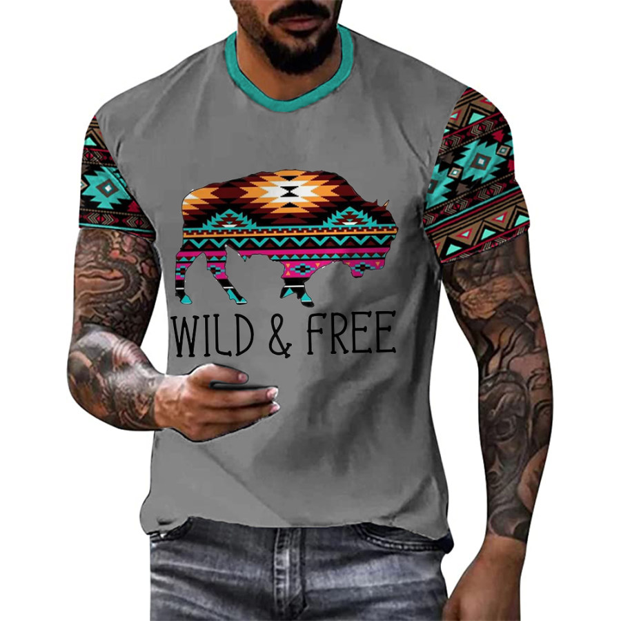 

Men's Vintage American West Wild Ethnic Print T-Shirt Casual Crew Neck T-Shirt