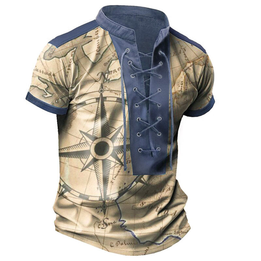 

Men's T-Shirt Lace-Up Vintage Nautical Compass Stand Collar Color Block Short Sleeve Summer Daily Tops Khaki