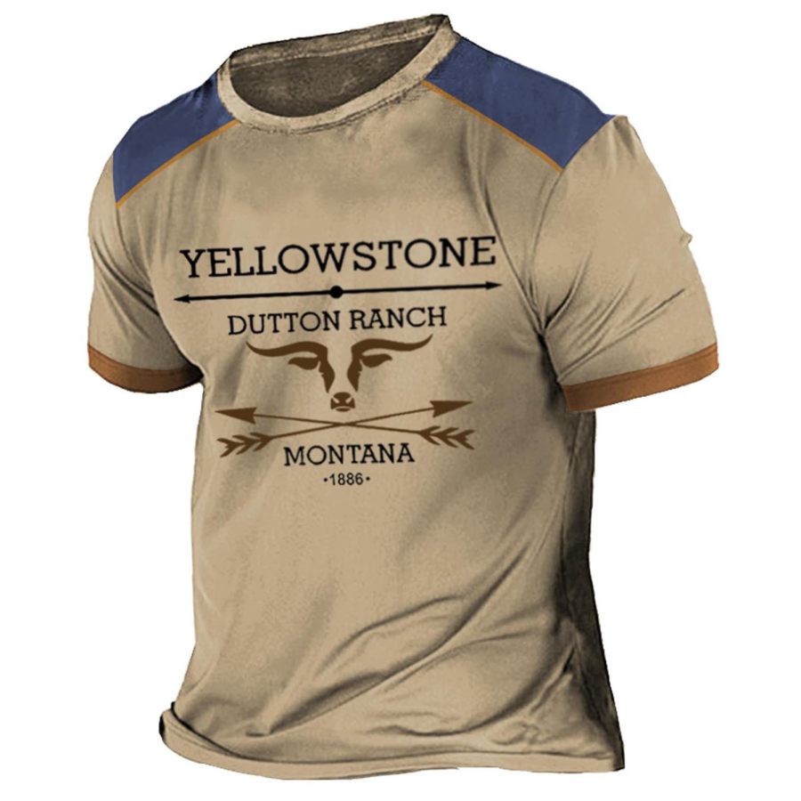 

Men's T-Shirt Vintage Western Yellowstone Plus Size Short Sleeve Colorblock Summer Daily Tops Khaki White Green Black