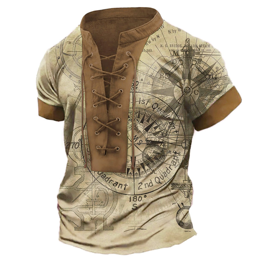 

Men's T-Shirt Lace-Up Vintage Nautical Compass Stand Collar Color Block Short Sleeve Summer Daily Tops Khaki