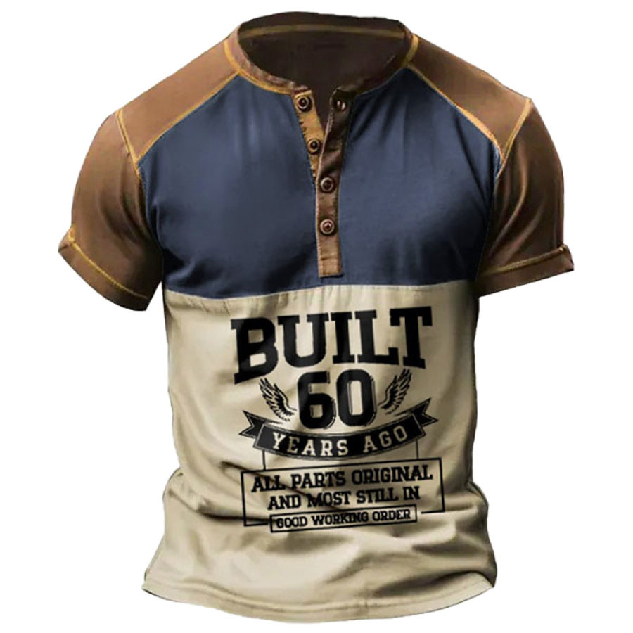 

Men's T-Shirt Henley Built 60 Years Ago Short Sleeve Vintage Color Block Summer Daily Tops Navy Blue