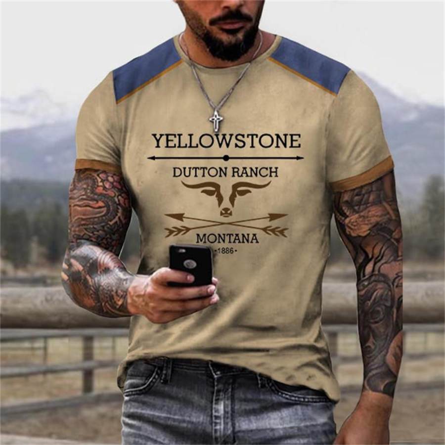 

Men's T-Shirt Vintage Western Yellowstone Plus Size Short Sleeve Colorblock Summer Daily Tops Khaki White Green Black