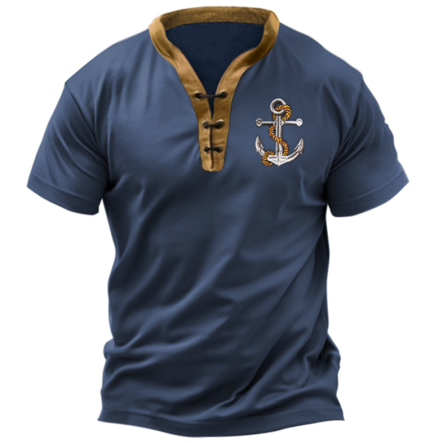 

Men's T-Shirt Nautical Anchor Embroidery Pattern Retro V Neck Casual Short Sleeve Top