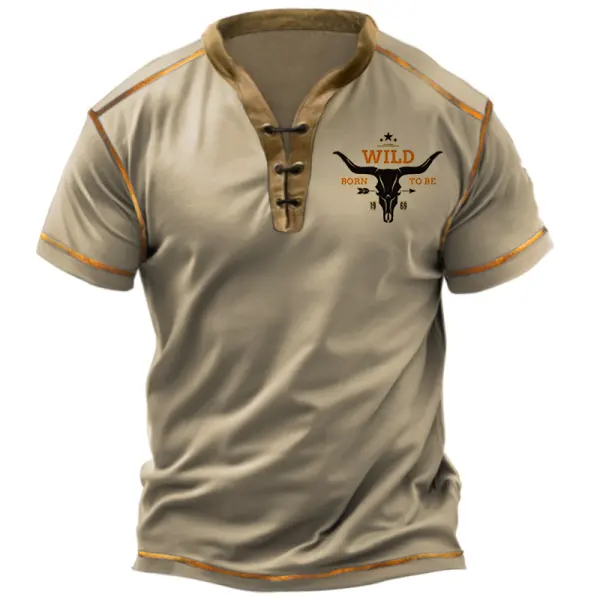 Men's T-Shirt Wild West Cowboy Yellowstone Print Pattern Retro V-Neck Casual Short Sleeve Top - Kalesafe.com 