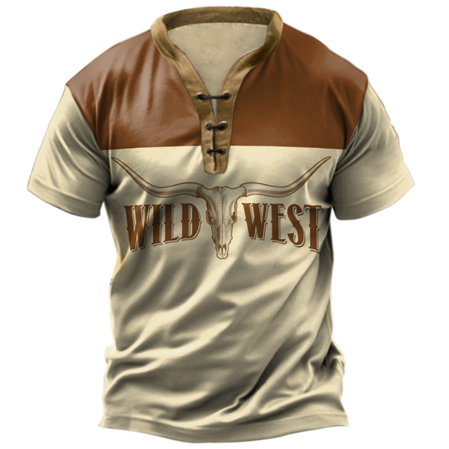 

Men's T-shirt Wild West Cowboy Print Pattern Color Matching Retro V-neck Casual Short-sleeved Top