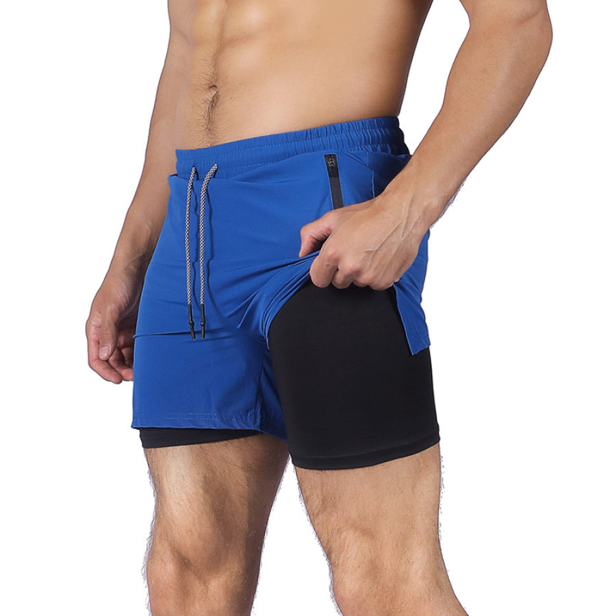 

Мужские шорты 2 в 1 Летние искусственные двухкомпонентные дышащие антисветопроницаемые быстросохнущие фитнес-тренировки спринт двухслойные спортивные