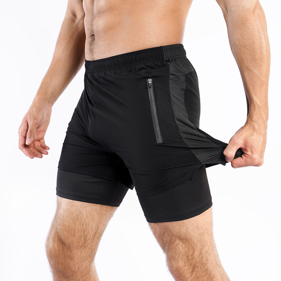 

Мужские шорты 2 в 1 Летние искусственные двухкомпонентные дышащие антисветопроницаемые быстросохнущие фитнес-тренировки спринт двухслойные спортивные