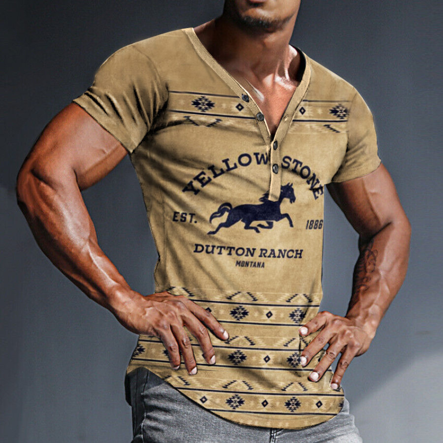 

Men's Henley T Shirt Yellowstone Western Pattern Print Retro Vintage Casual Button Down Washed Khaki T-Shirts For Men