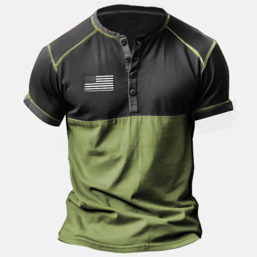 

Camiseta Masculina Henley Plus Size Com Estampa De Bandeira Americana Ao Ar Livre Manga Curta Camiseta De Férias