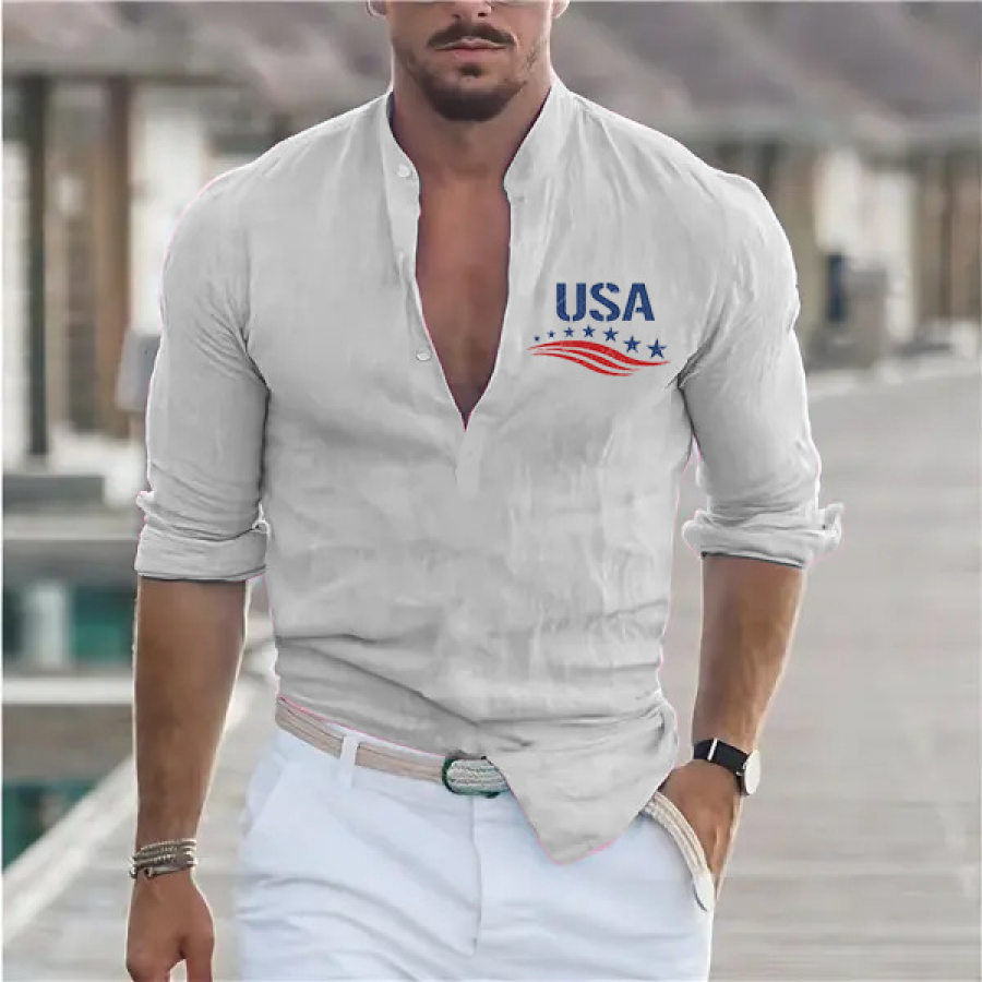 

Men's Linen Shirt Henley American Flag Logo Casual Outdoor Shirt Long Sleeve Plain Collar Casual Hawaiian Clothing