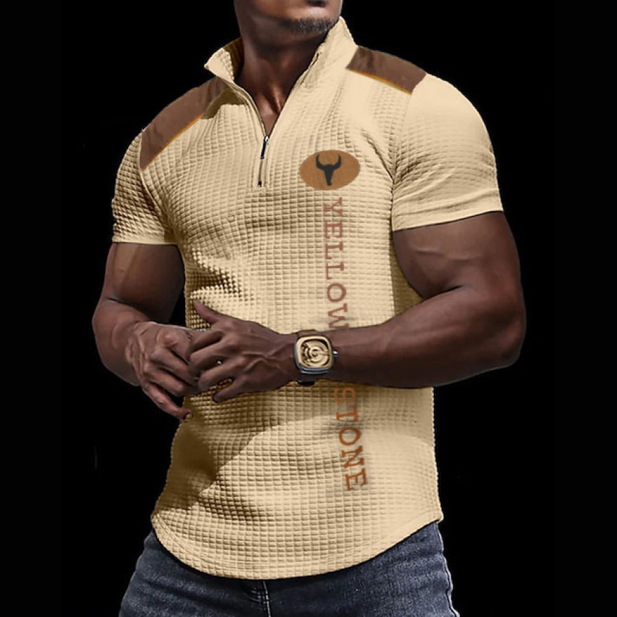 

Men's ZZipper Stand Collar Polo Vintage Yellowstone Waffle Tee Hnekley Top Vacation Short Sleeves Clothing Basic