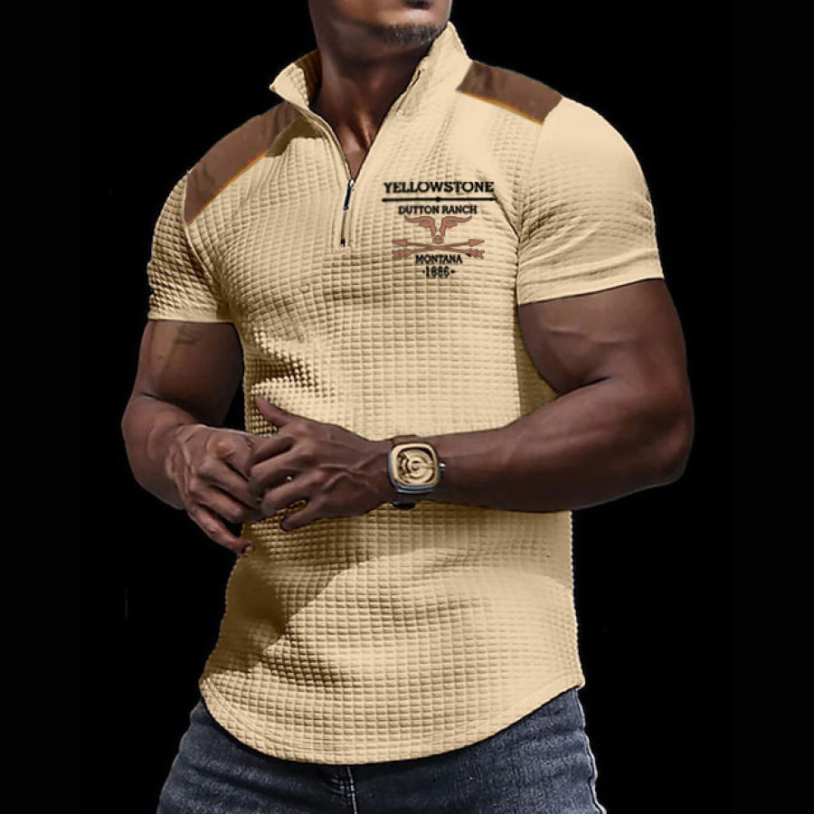 

Men's ZZipper Stand Collar Polo Vintage Yellowstone Waffle Tee Hnekley Top Vacation Short Sleeves Clothing Basic