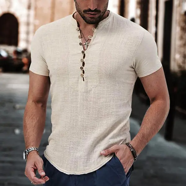 Men's T-Shirts Men's Linen Shirt Boutton Henley Casual Outdoor Shirt ...