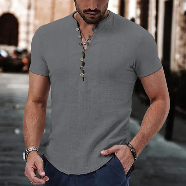 Men's T-Shirts Men's Linen Shirt Boutton Henley Casual Outdoor Shirt ...