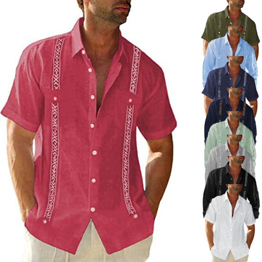 

Camisa De Lino Para Hombre Camisa Cubana Estampado étnico Bolsillo Botón De Vacaciones Ropa Moda Casual Transpirable Cómodo