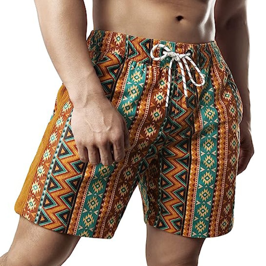 

Men's Casual 5" Inch Drawstring Corduroy Shorts Elastic Waist Surf Shorts Ethnic Print Stitching Summer Pocket Shorts